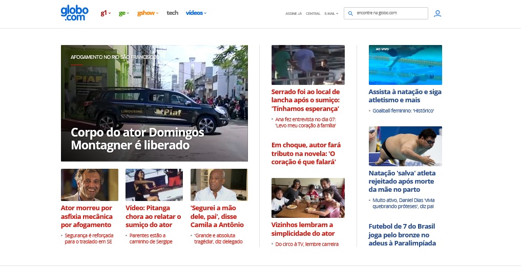 Página principal do Portal Globo.com do dia 16/09/16