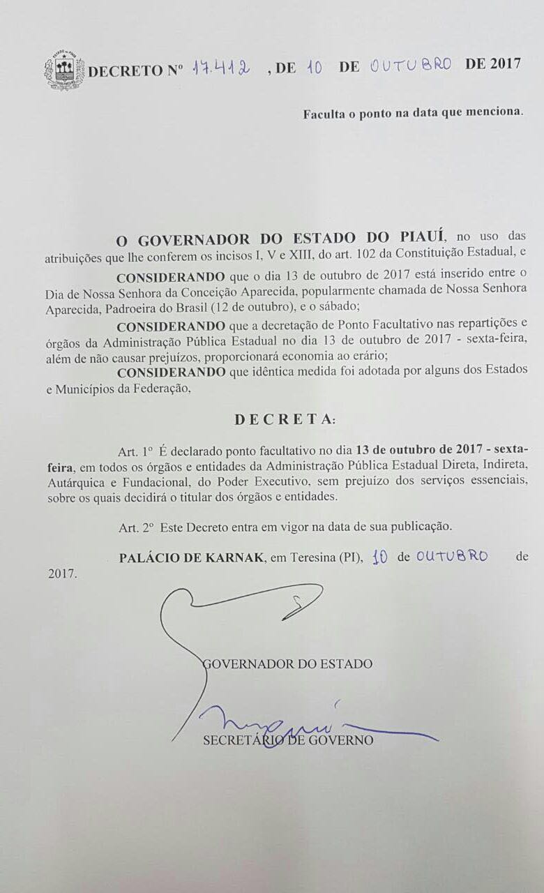 Decreto assinado pelo governador Wellington Dias