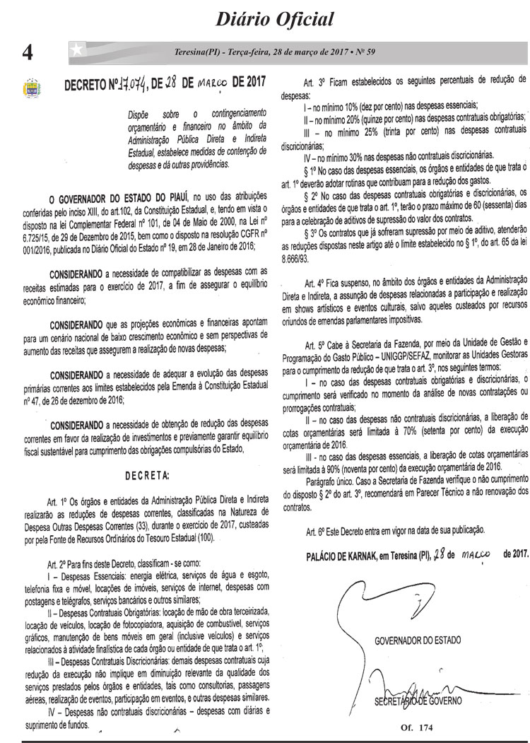 Decreto publicado no Diário Oficial do Estado