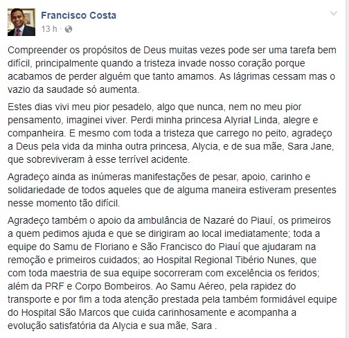 Francisco Costa se falou sobre morte da filha no facebook