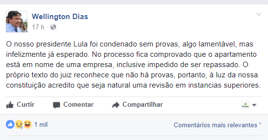 Governador comenta condenação de Lula