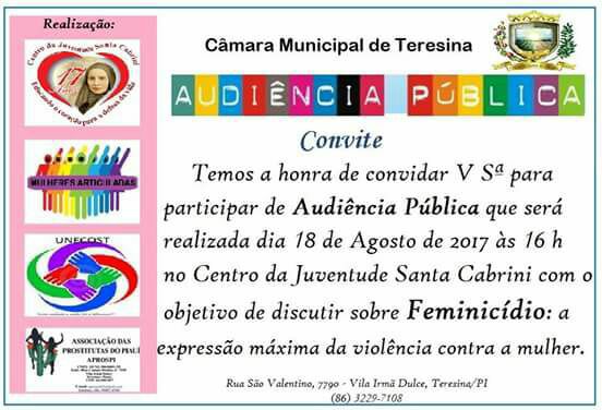 Convite para a audiência pública sobre feminicídio