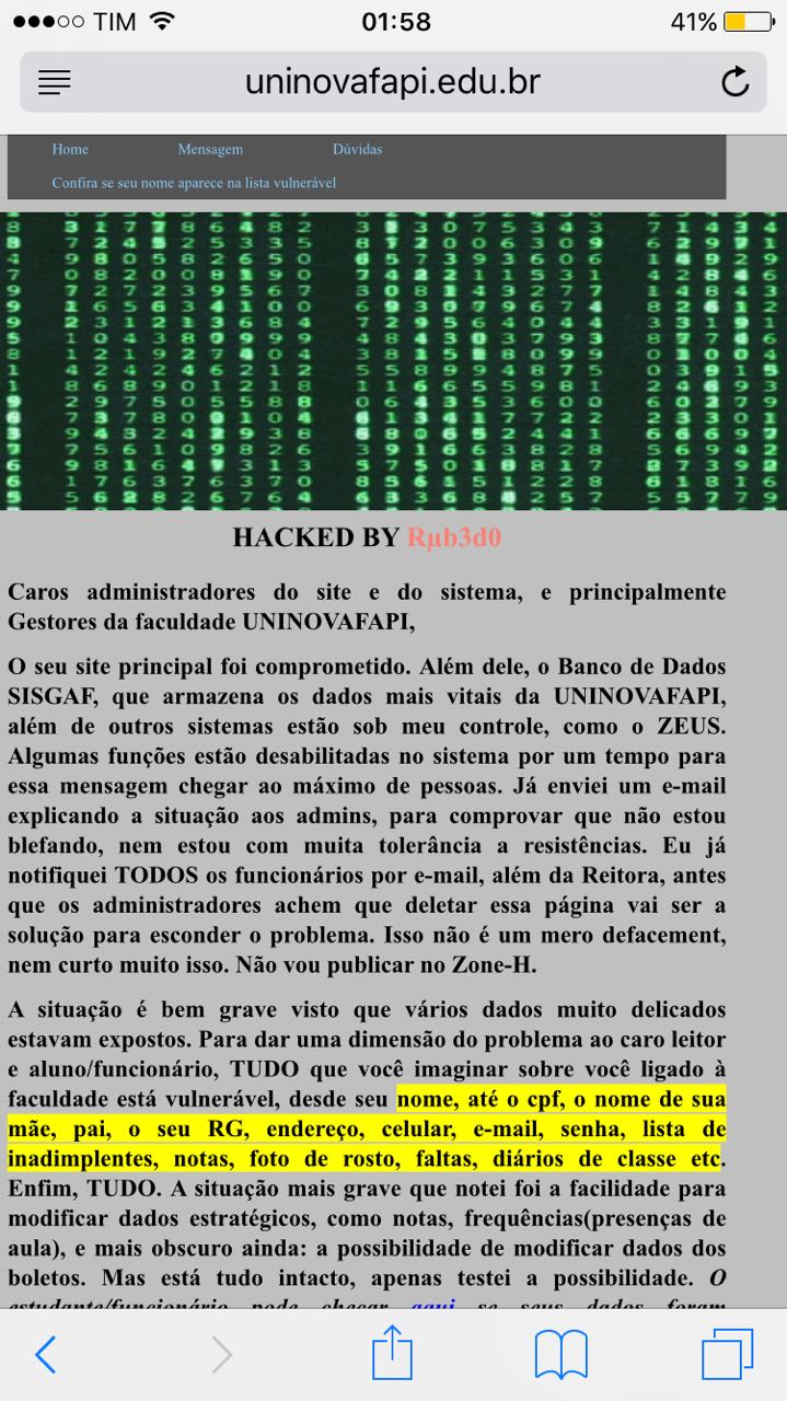 Hacker invade site da Uninovafapi