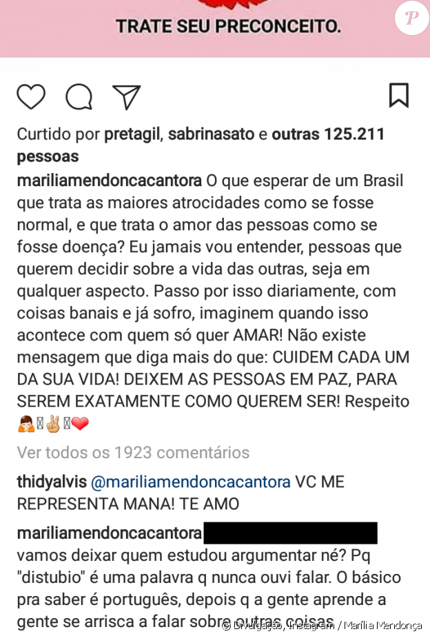 Marília Mendonça rebateu comentário preconceituoso de seguidor no Instagram nesta terça-feira, 19 de setembro de 2017