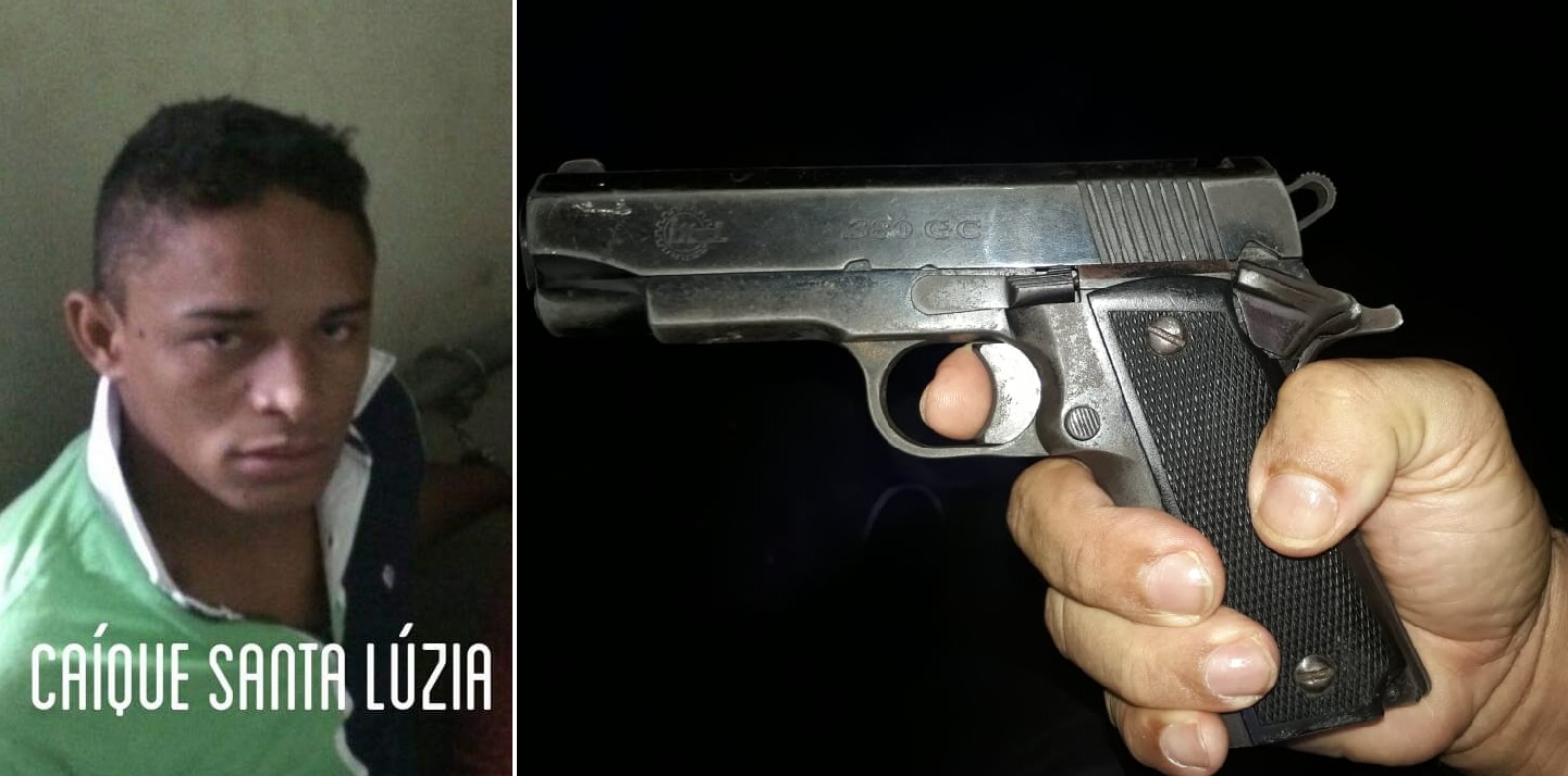 Caiqui de Sousa Firmino e a pistola que ele usou para ameaçar a esposa e os policiais