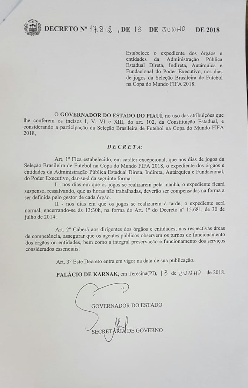 Decreto assinado pelo governador Wellington Dias