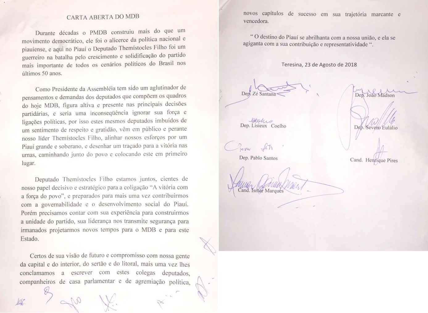 A carta é assinada pelos deputados e lideres do MDB