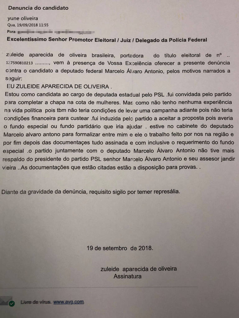 A denuncia de Zuleide Oliveira foi recebida de maneira protocolar pelo TRE-MG