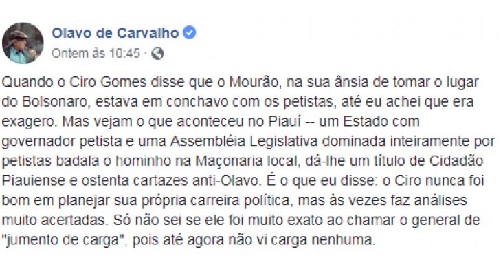 Post de Olavo de Carvalho no Facebook