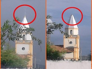 Imagem montada mostra igreja com a cruz e já sem o objeto