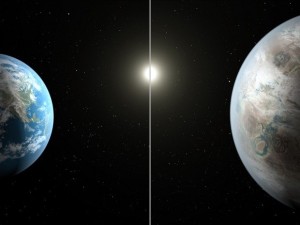 Montagem compara o planeta Terra (esquerda) e seu Sol com o novo exoplaneta