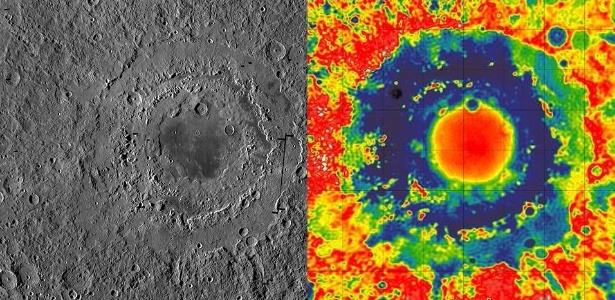 A cratera oriental da Lua (esq.), com cerca de 930 km de largura, tem três anéis distintos, que formam uma espécie de 