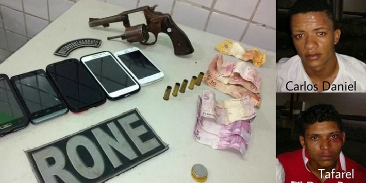 A arma, os celulares e o dinheiro apreendido pelo RONE