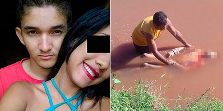 O casal e o corpo da vítima nas águas do rio Parnaíba