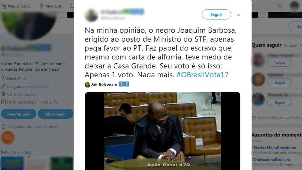 A postagem ofensiva ao ex-ministro do STF, Joaquim Barbosa