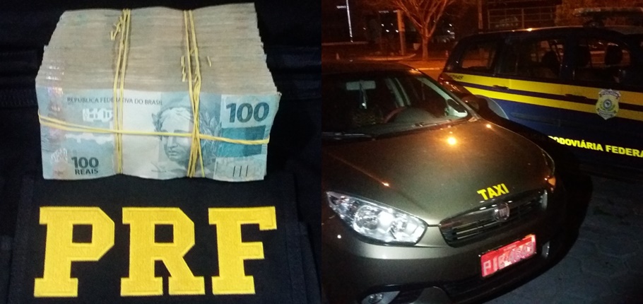 O dinheiro e o táxi apreendidos pela PRF