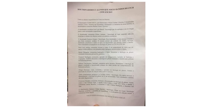 A carta faz ameaças a estudantes e professores da UFPE