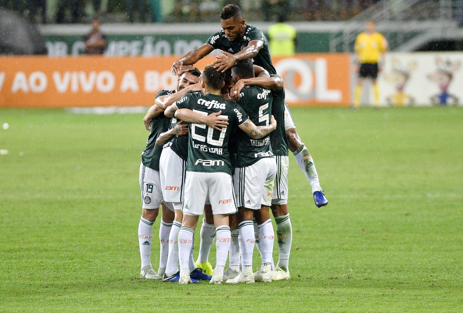 Jogadores do Palmeiras comemoram gol contra o Santos