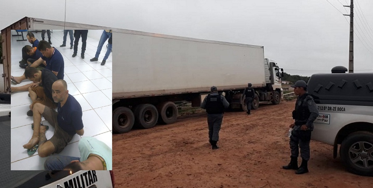 O caminhão e os assaltantes presos pela PM-MA