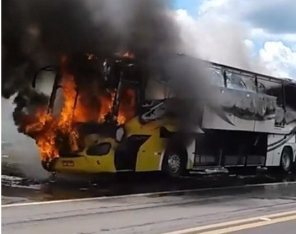 Ônibus fica completamente destruído ao pegar fogo em trecho da BR-343