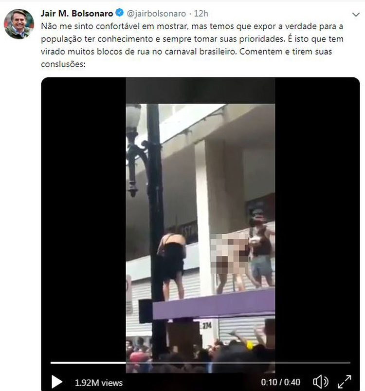 O vídeo com pornografia foi postado por Bolsonaro do Twitter