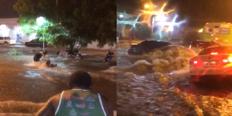 Veículos arrastados pela água da chuva em Teresina