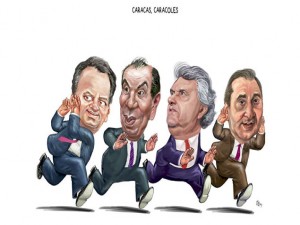 Ilustração mostra os quatro senadores em desabalada carreira