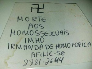 Bilhete homofóbico postado na internet