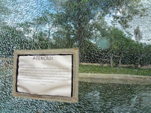 O vitral foi estilhaçado por um rio disparado por uma arma de fogo