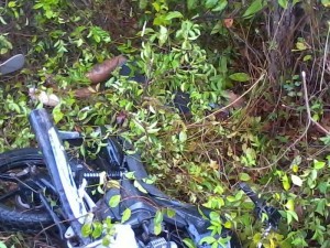 moto e motociclistas caídos no meio do mato