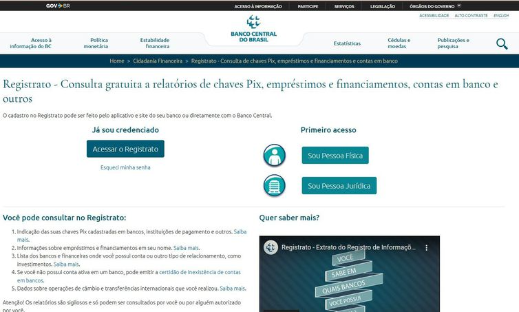 Reprodução/Banco Central do Brasil Registrato do Banco Central do Brasil.