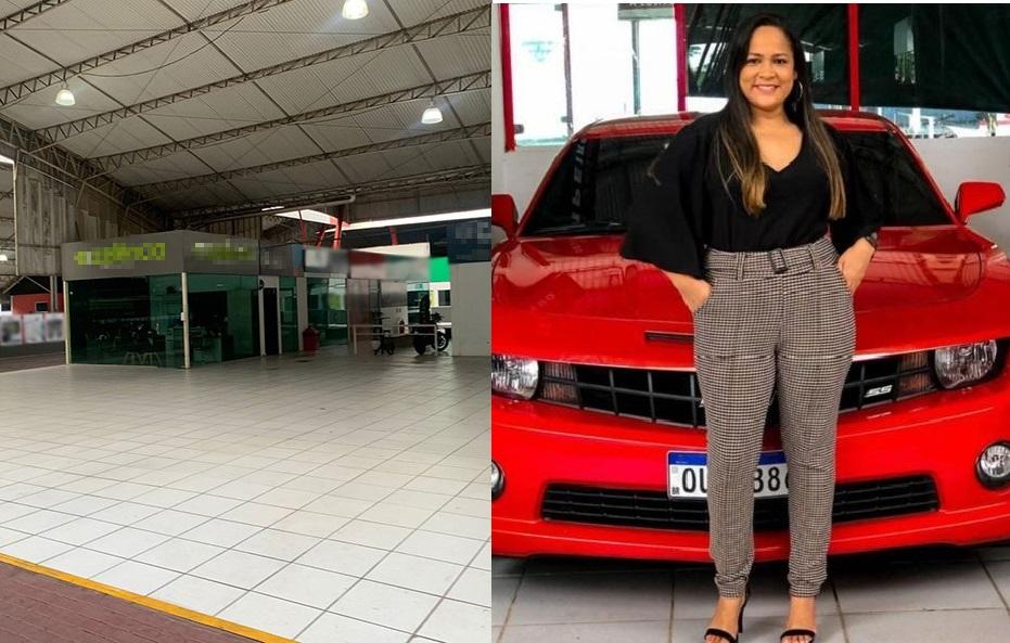 Pátio da loja vazio (à esquerda) e a dona do estabelecimento (à direita)