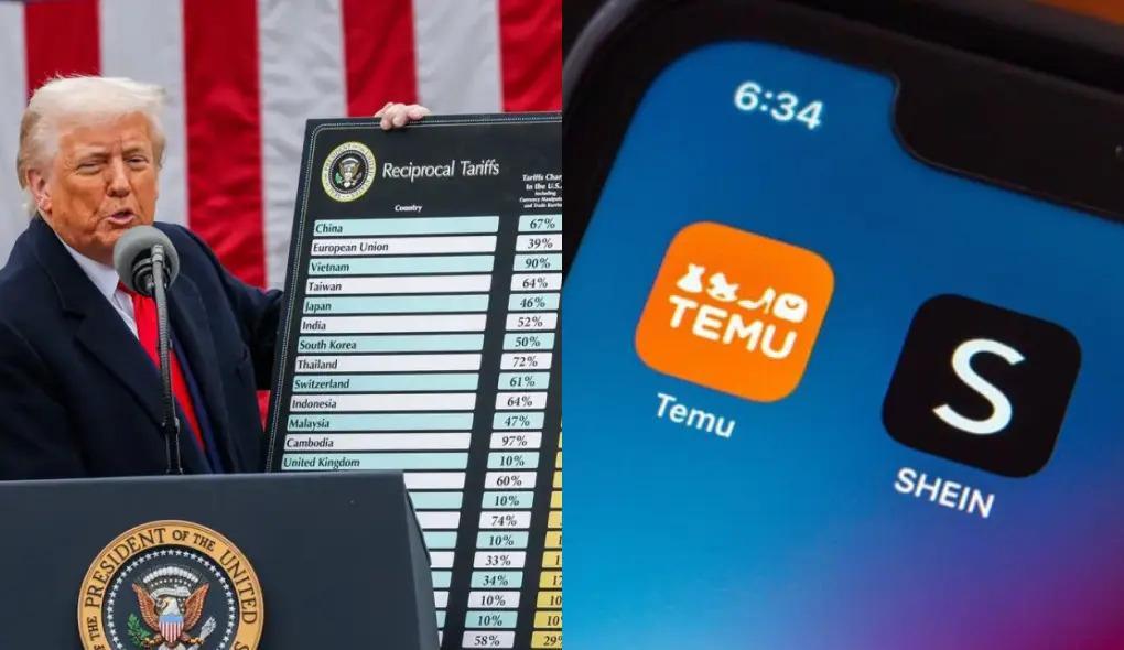 Donald Trump durante anúncio de países afetados por seu ‘tarifaço’ e logo dos aplicativos Temu e Shein