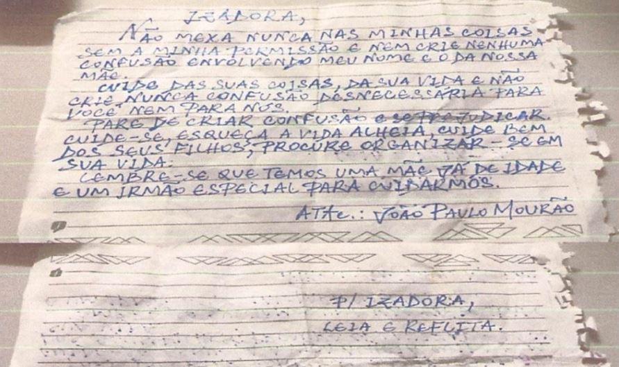 Bilhete feito por irmão de Izadora
