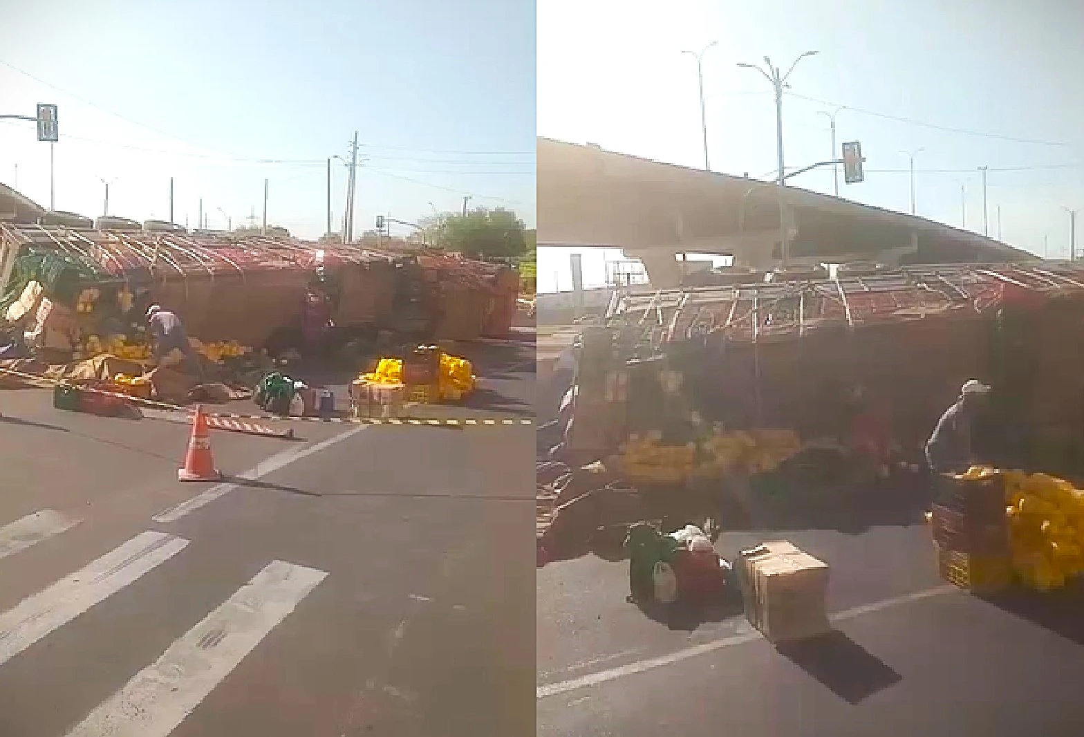 Caminhão carregado com frutas tomba na avenida Miguel Rosa