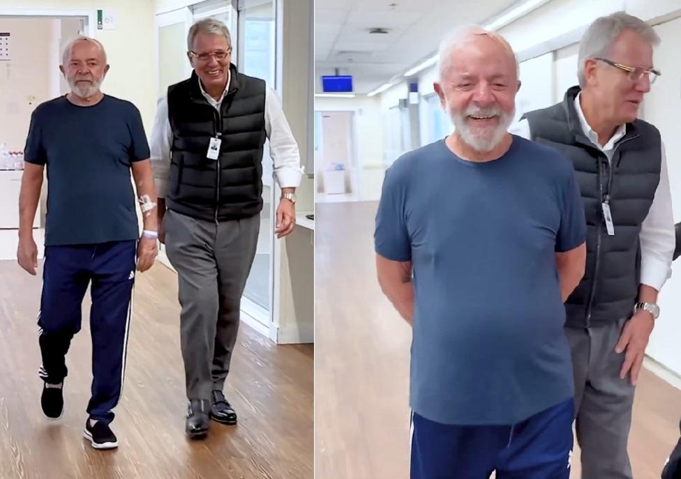 Lula aparece em vídeo, caminhando ao lado do neurocirugião que acompanha seu caso