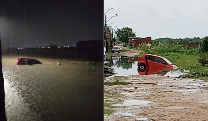 Carro fica submerso após chuva em Teresina