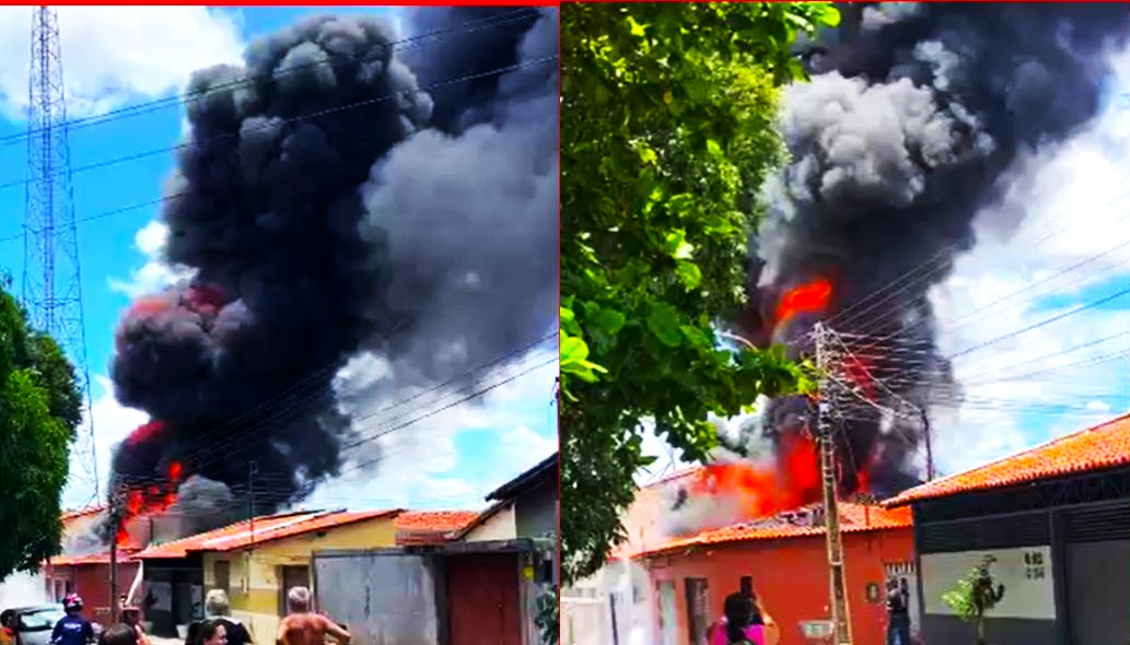 Grande coluna de fumaça preta se forma após incêndio atingir depósito de materiais plásticos no bairro Saci, na Zona Sul de Teresina.