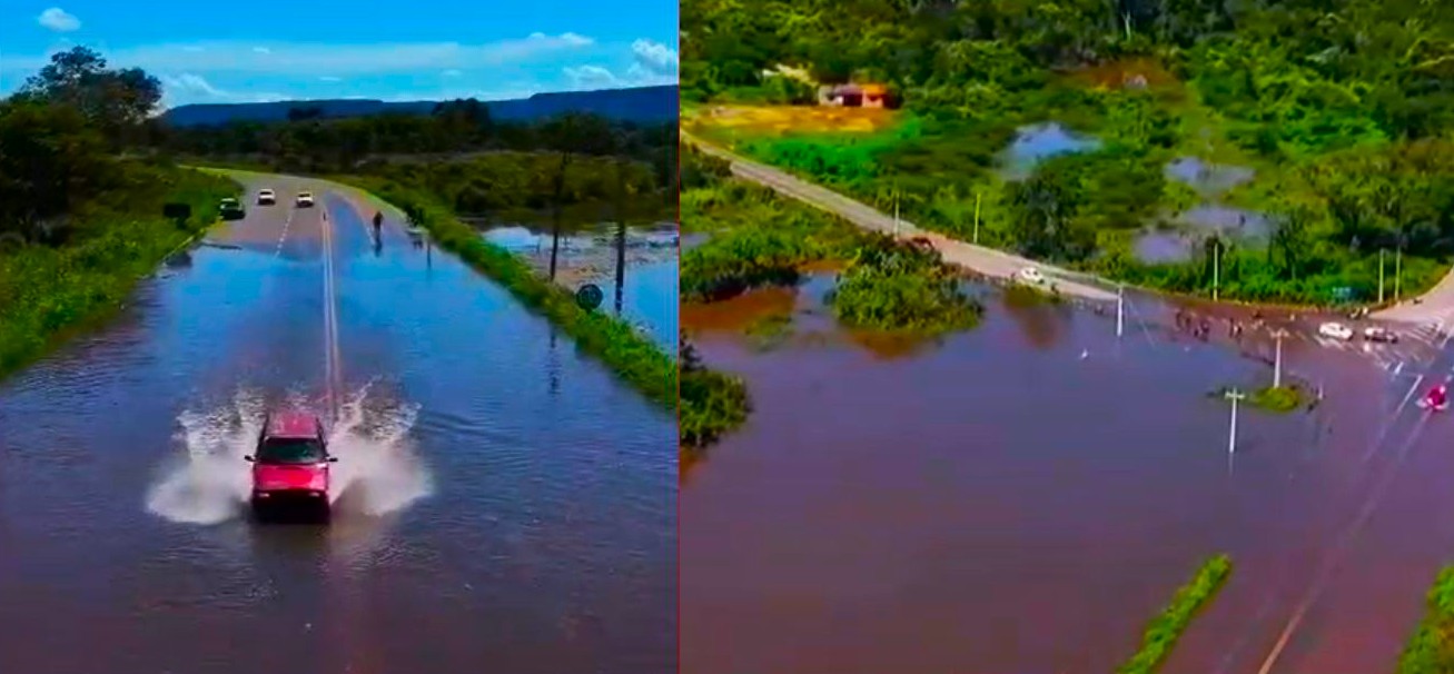 Água do Rio Gurguéia invade trecho da BR-135 após fortes chuvas em Cristino Castro, no Sul do Piauí.