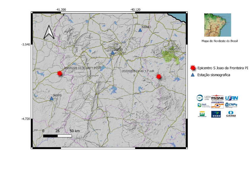 Localizações epicentrais simbolizadas pelas estrelas vermelhas no mapa