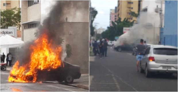 Carro pegou fogo quando saía de estacionamento