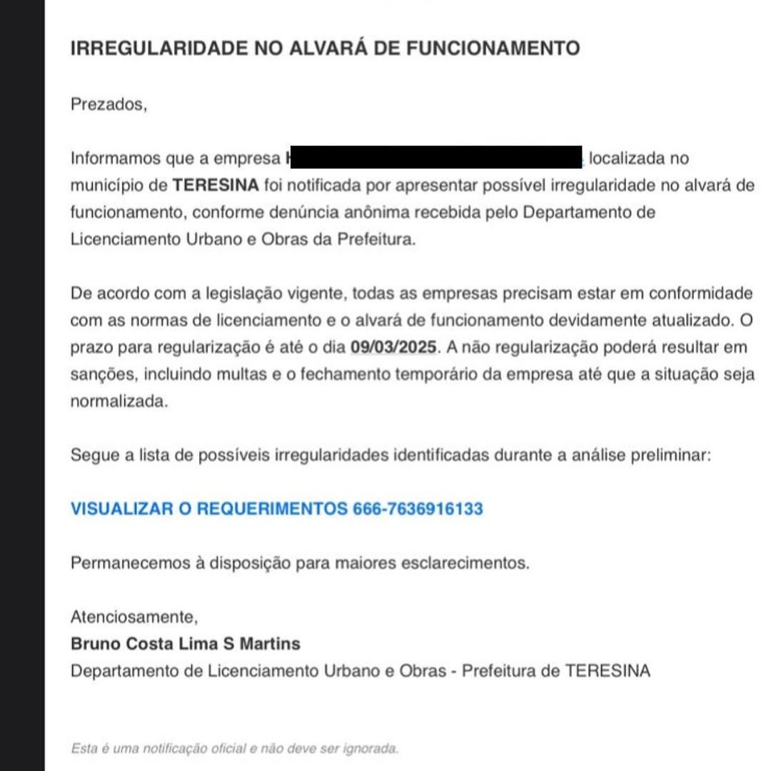 Nos e-mails, os golpistas comunicam supostas "irregularidades em alvará de funcionamento"