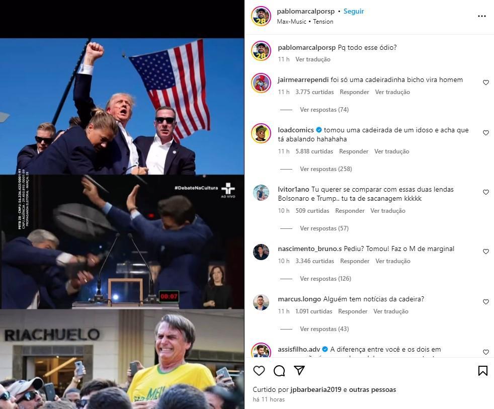 Marçal fez postagem no Instagram comparando a "cadeirada" com ataques sofridos por Trump e Bolsonaro