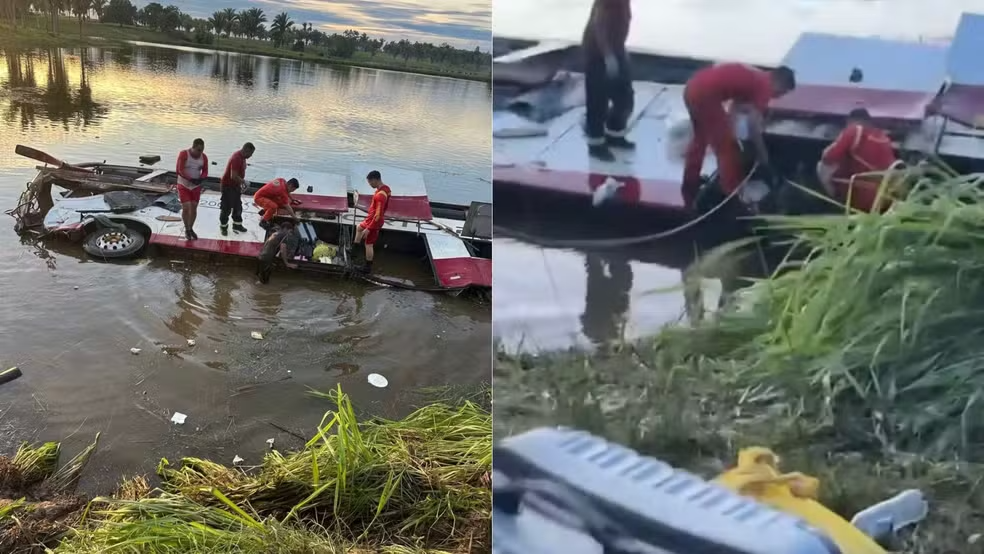 Ônibus que saiu de Teresina ficou parcialmente submerso após cair em açude às margens da BR-222, no interior do Maranhão.