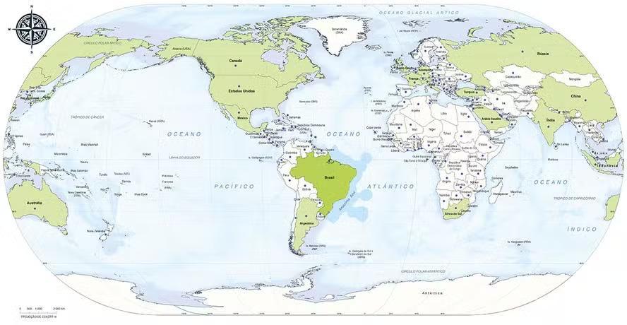 O mapa tem destaque para os países que compõem o grupo das 20 maiores economias do mundo
