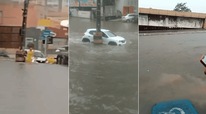 Carros são arrastados após forte chuva em Teresina