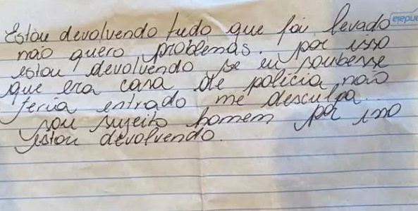 Ladrão se arrepende e deixa bilhete pedindo desculpas