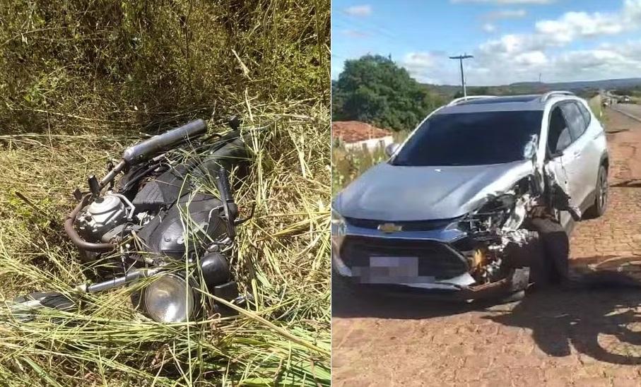 Os dois veículos colidiram de frente e o motoqueiro morreu após ser socorrido