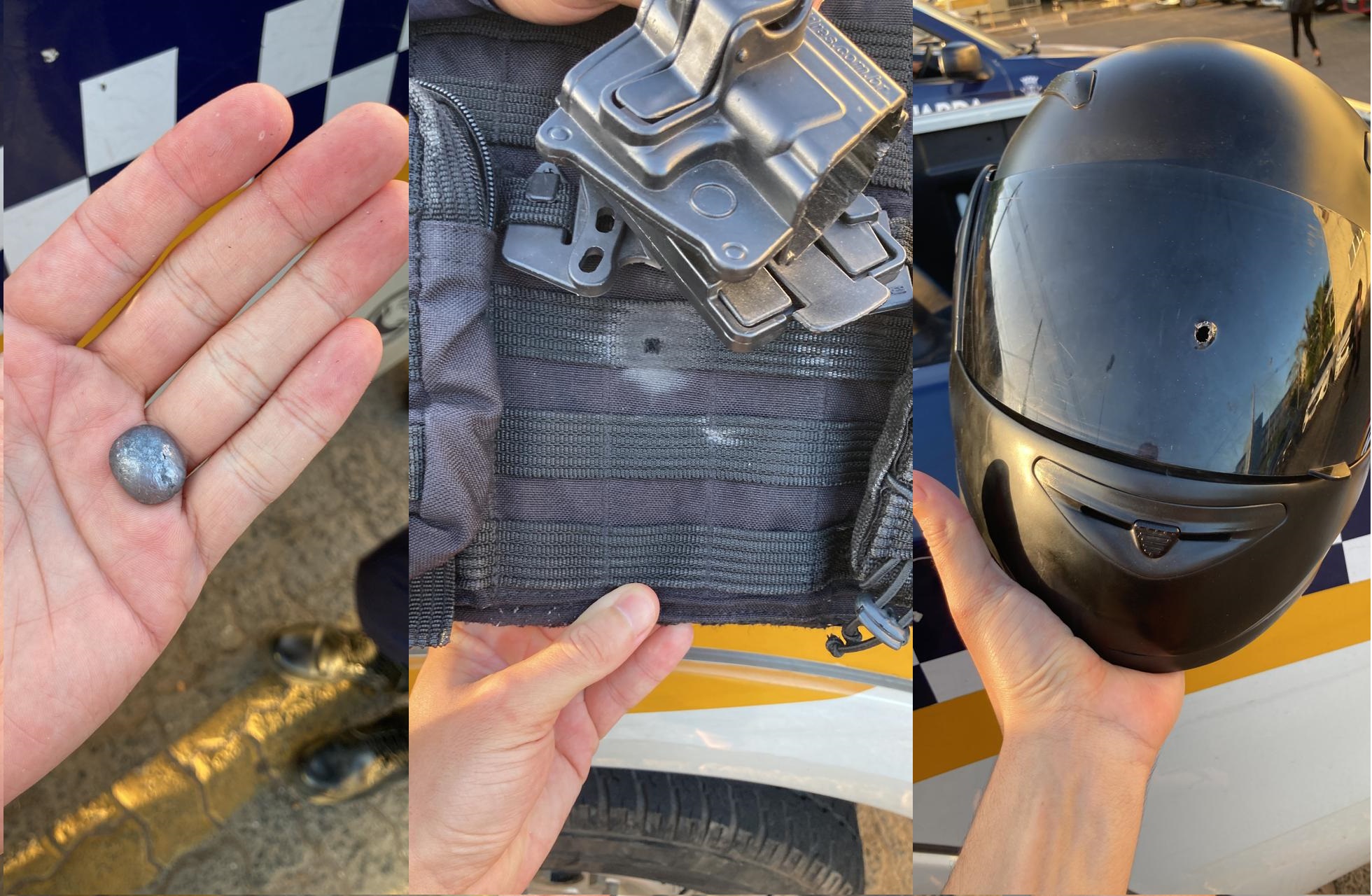 Os tiros atingiram o capacete e o colete à prova de balas do guarda