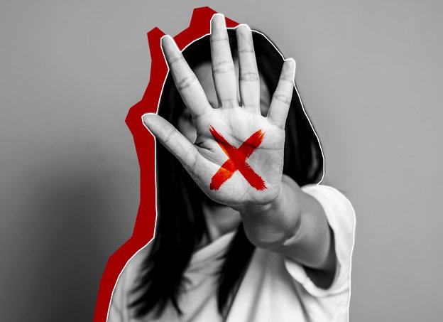 O "X" na palma da mão representa o sinal de ajuda de mulheres vítimas de violência doméstica